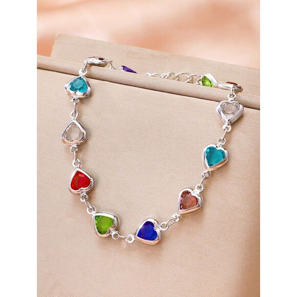 Colorful Heart Cubic Zirconia Bracelet Multi Crystal Silver Tone Adjstble Casual - Picture 2 of 6